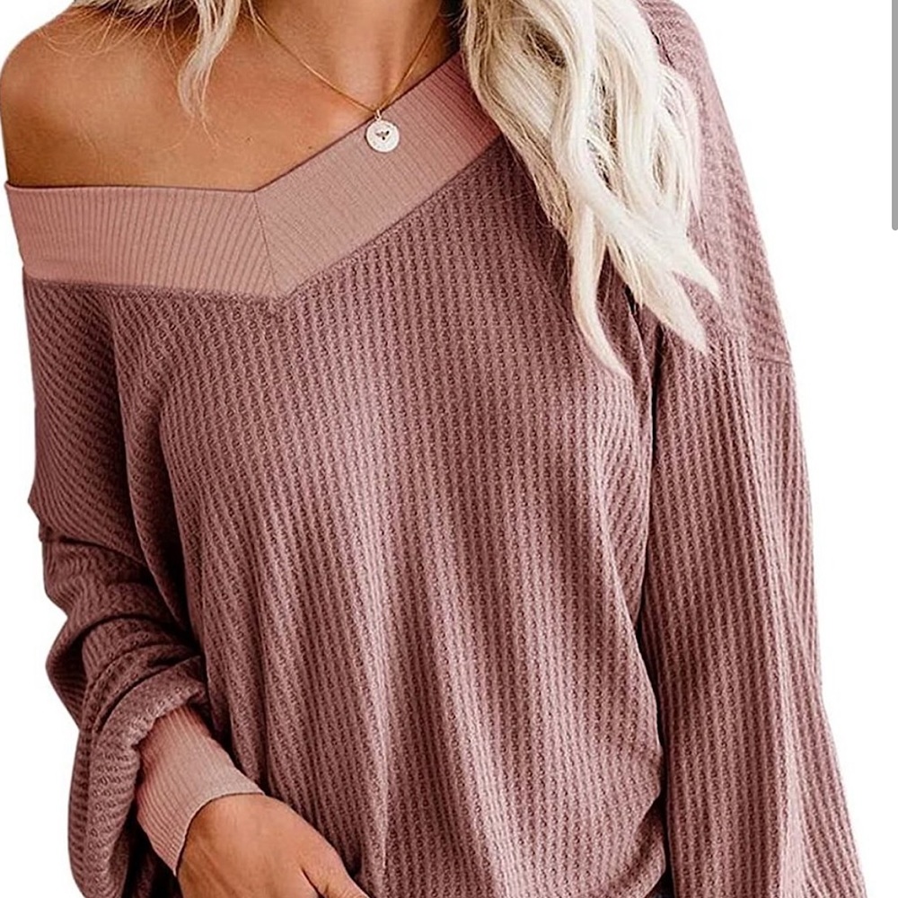 Adreamly Women's V Neck Long Sleeve Waffle Knit Top Off Shoulder Oversized Large